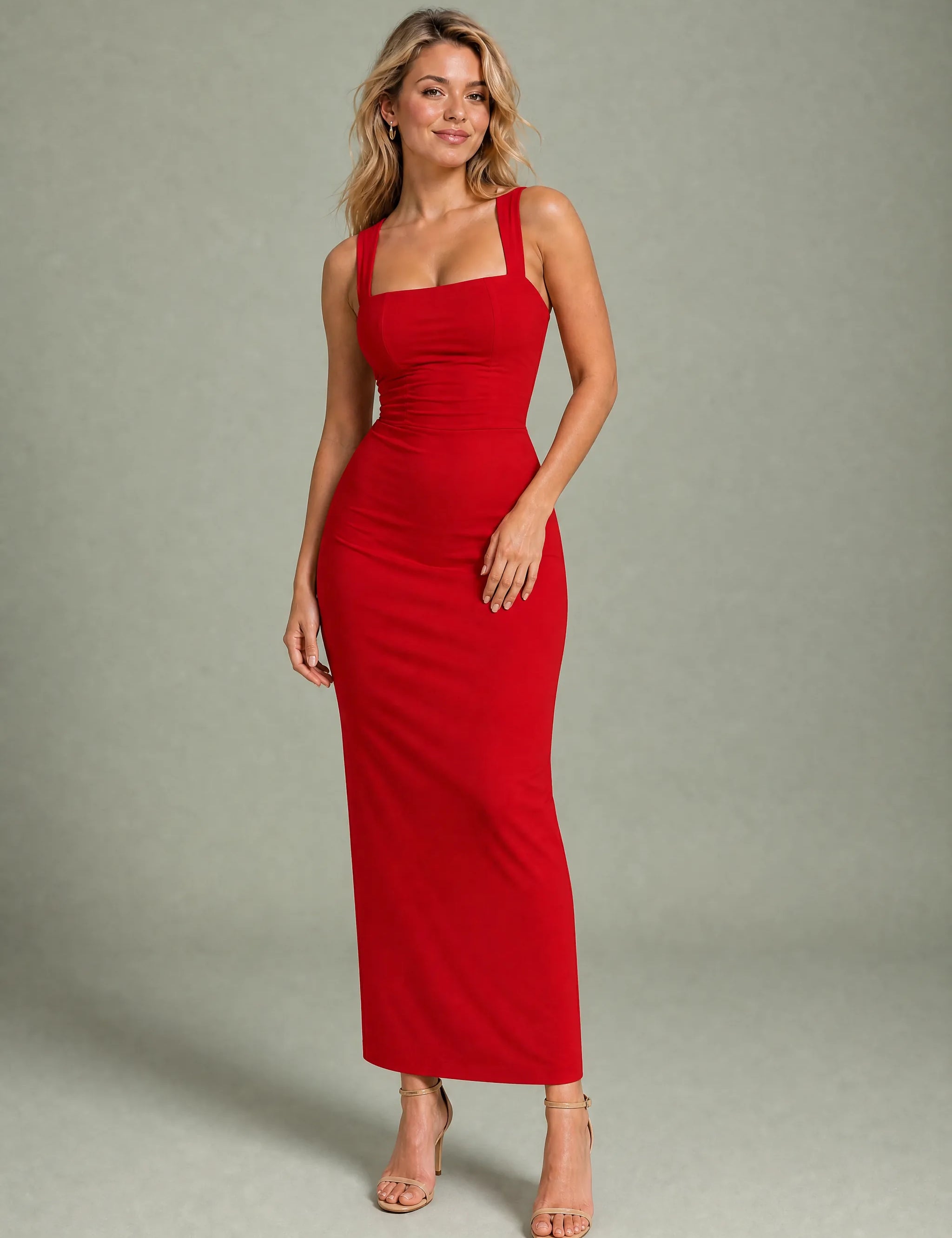Robe longue col carré ajustée | Variante Rouge | Lounelle Paris