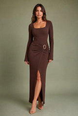 Square-Neck Knit Maxi Dress with Front Split