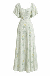 Robe longue col carré manches volantées | Lounelle Paris