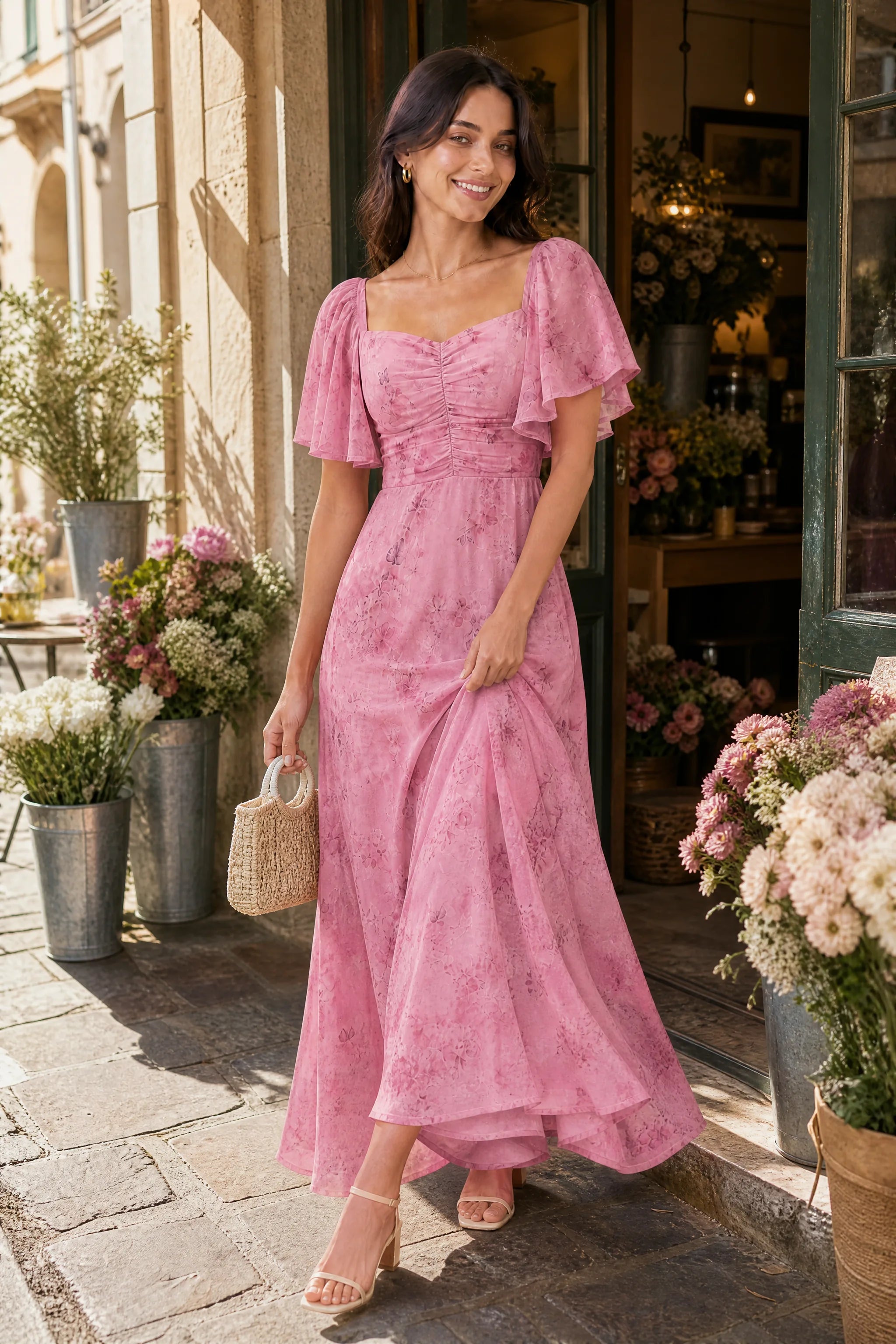 Robe longue col carré manches volantées | Variante Rose - Lifestyle | Lounelle Paris