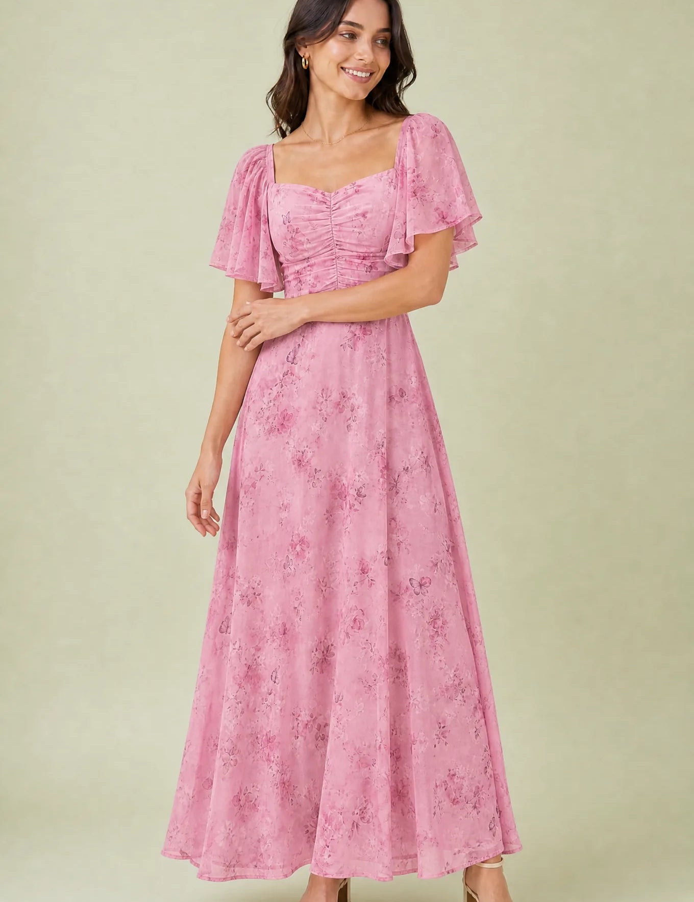 Robe longue col carré manches volantées | Variante Rose | Lounelle Paris