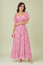 Robe longue col carré manches volantées | Variante Rose | Lounelle Paris