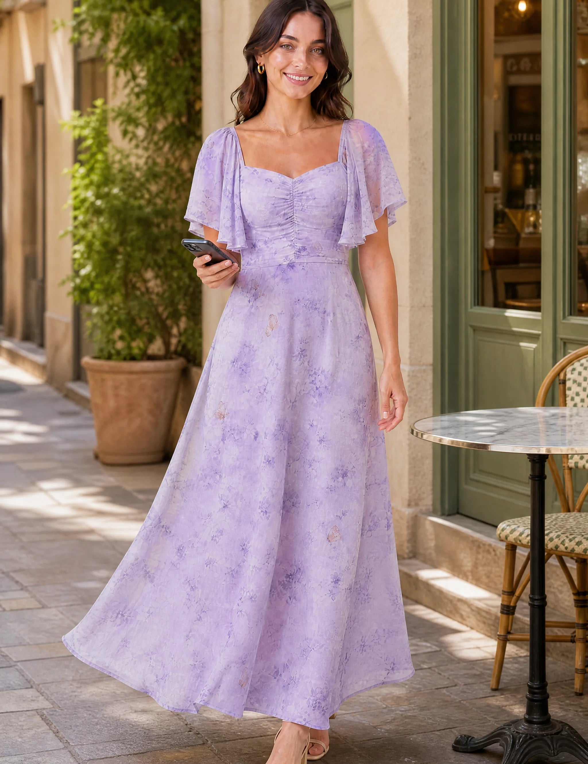 Robe longue col carré manches volantées | Variante Violet - Lifestyle | Lounelle Paris