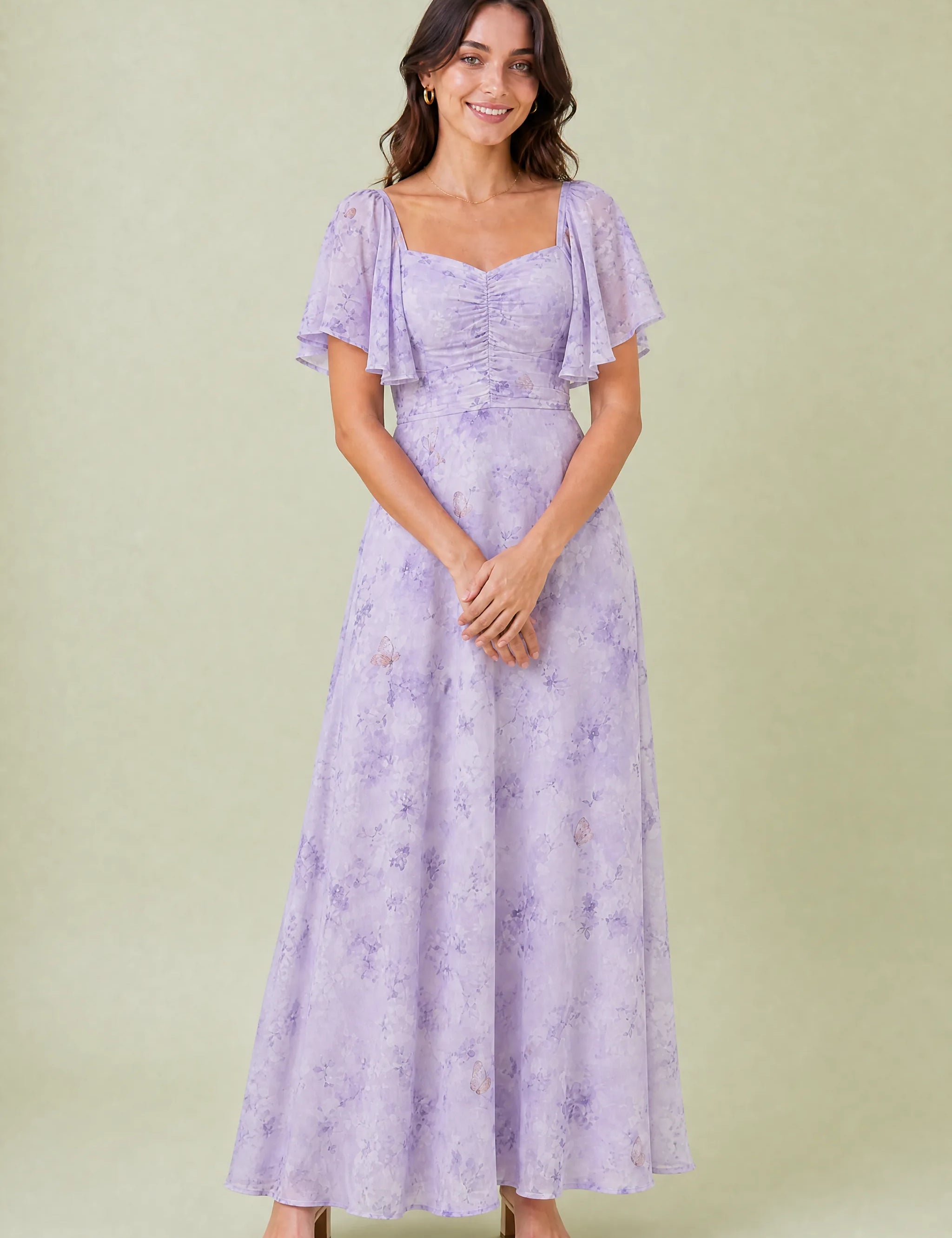 Robe longue col carré manches volantées | Variante Violet | Lounelle Paris