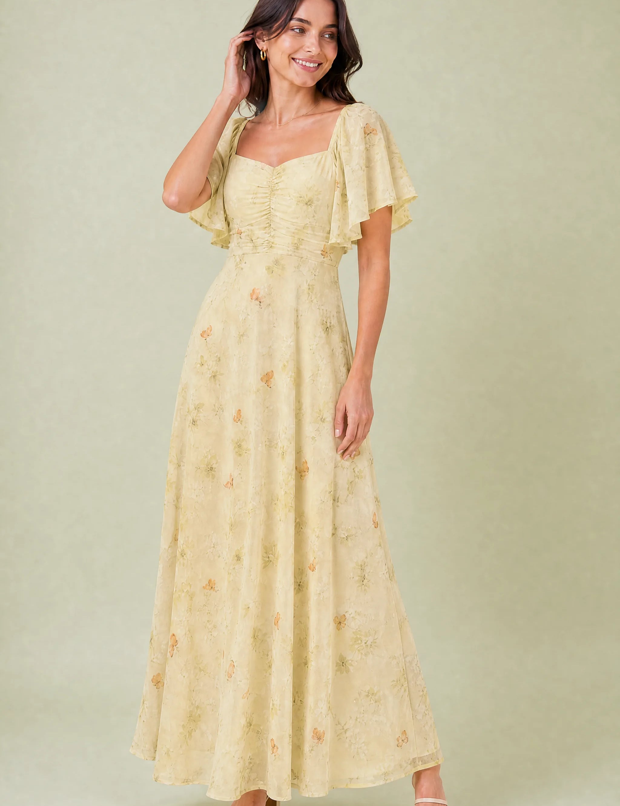 Robe longue col carré manches volantées | Variante Jaune | Lounelle Paris
