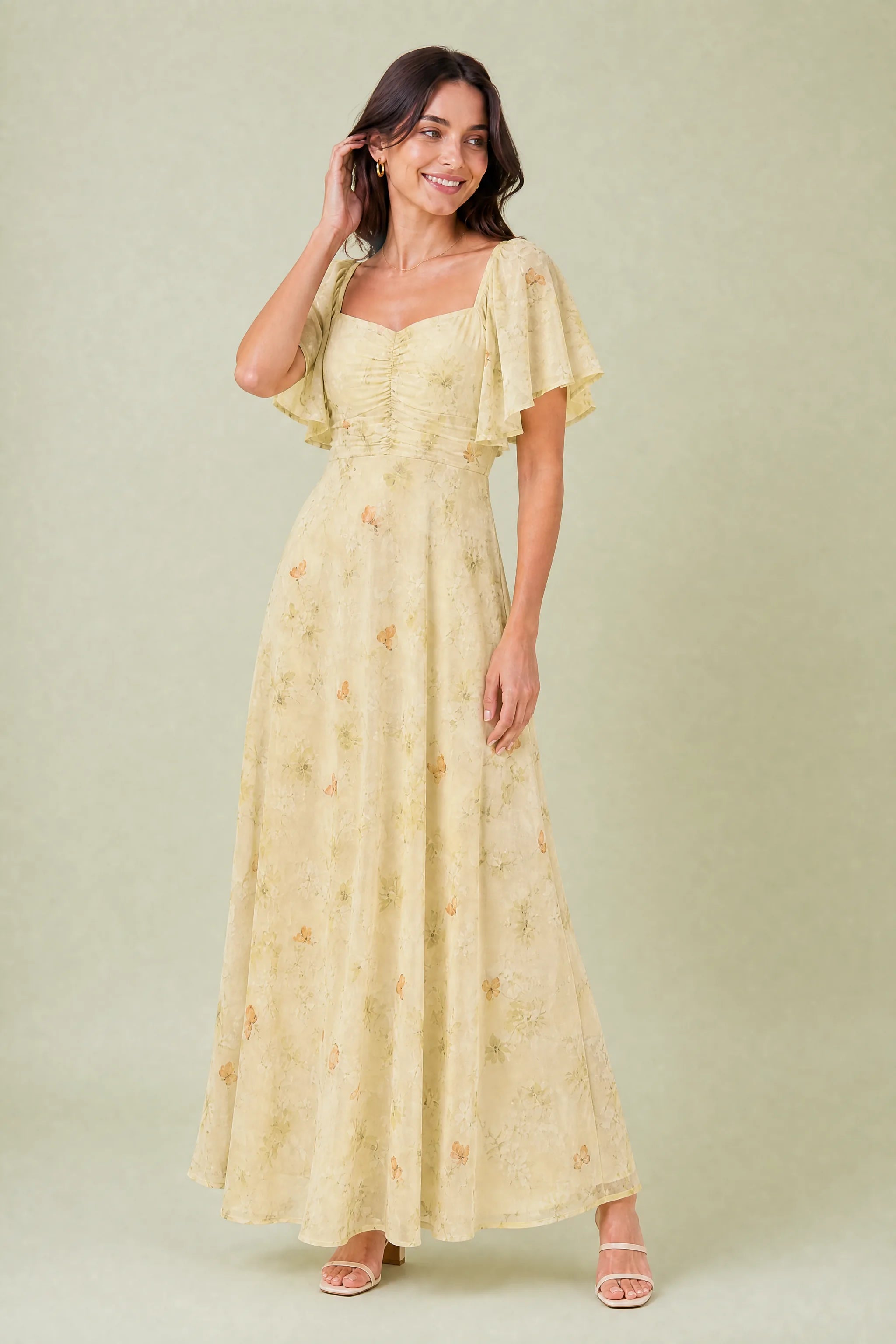Robe longue col carré manches volantées | Variante Jaune | Lounelle Paris