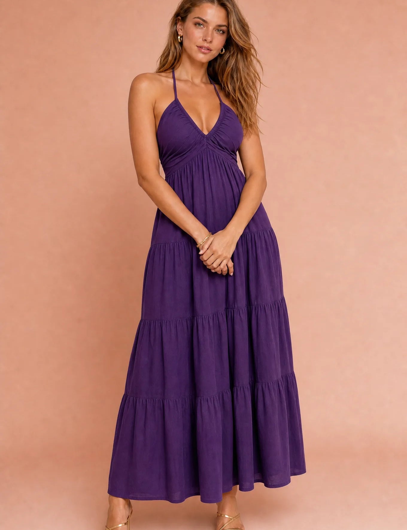 Robe longue col halter dos nu | Variante Violet | Lounelle Paris