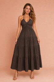 Robe longue col halter dos nu | Variante Marron | Lounelle Paris