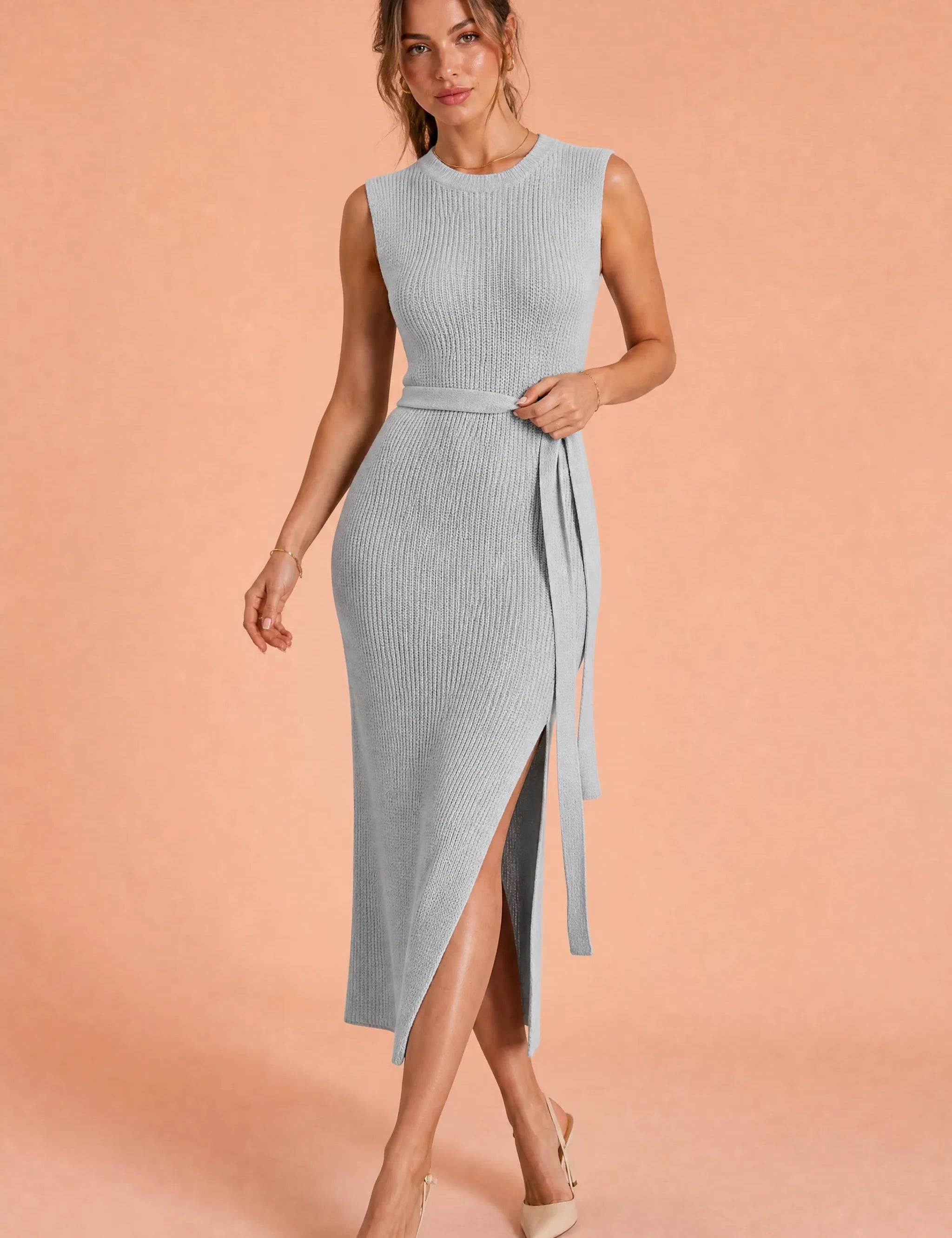 Robe longue en maille fendue | Vue de face | Lounelle Paris