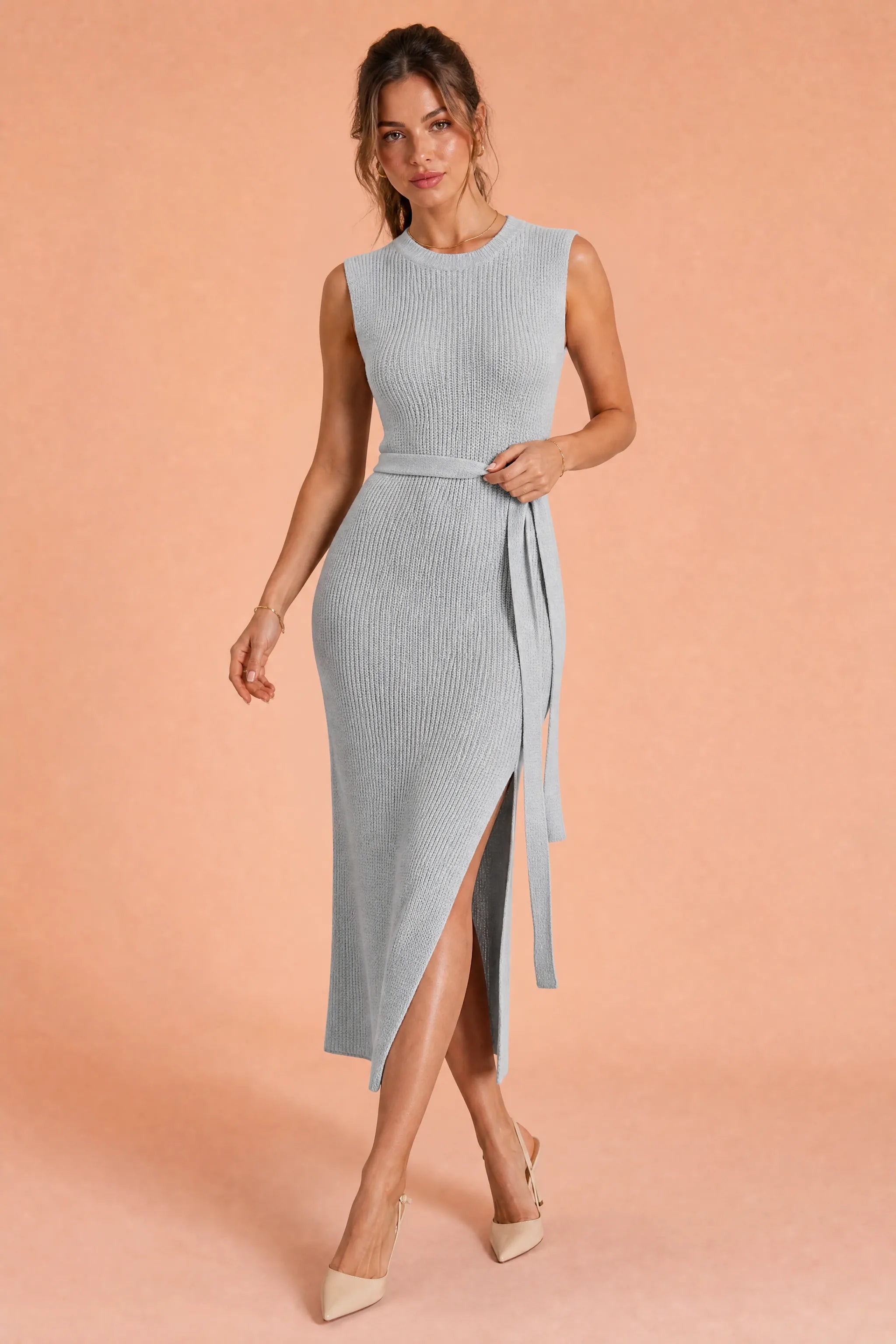 Robe longue en maille fendue | Vue de face | Lounelle Paris