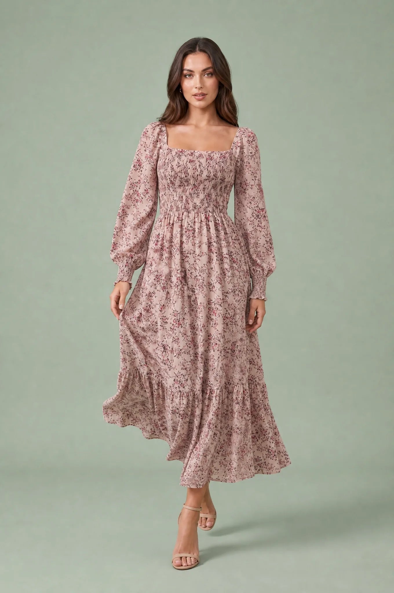 Robe longue fleurie manches bouffantes | Vue en mouvement | Lounelle Paris