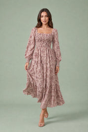 Robe longue fleurie manches bouffantes | Vue en mouvement | Lounelle Paris