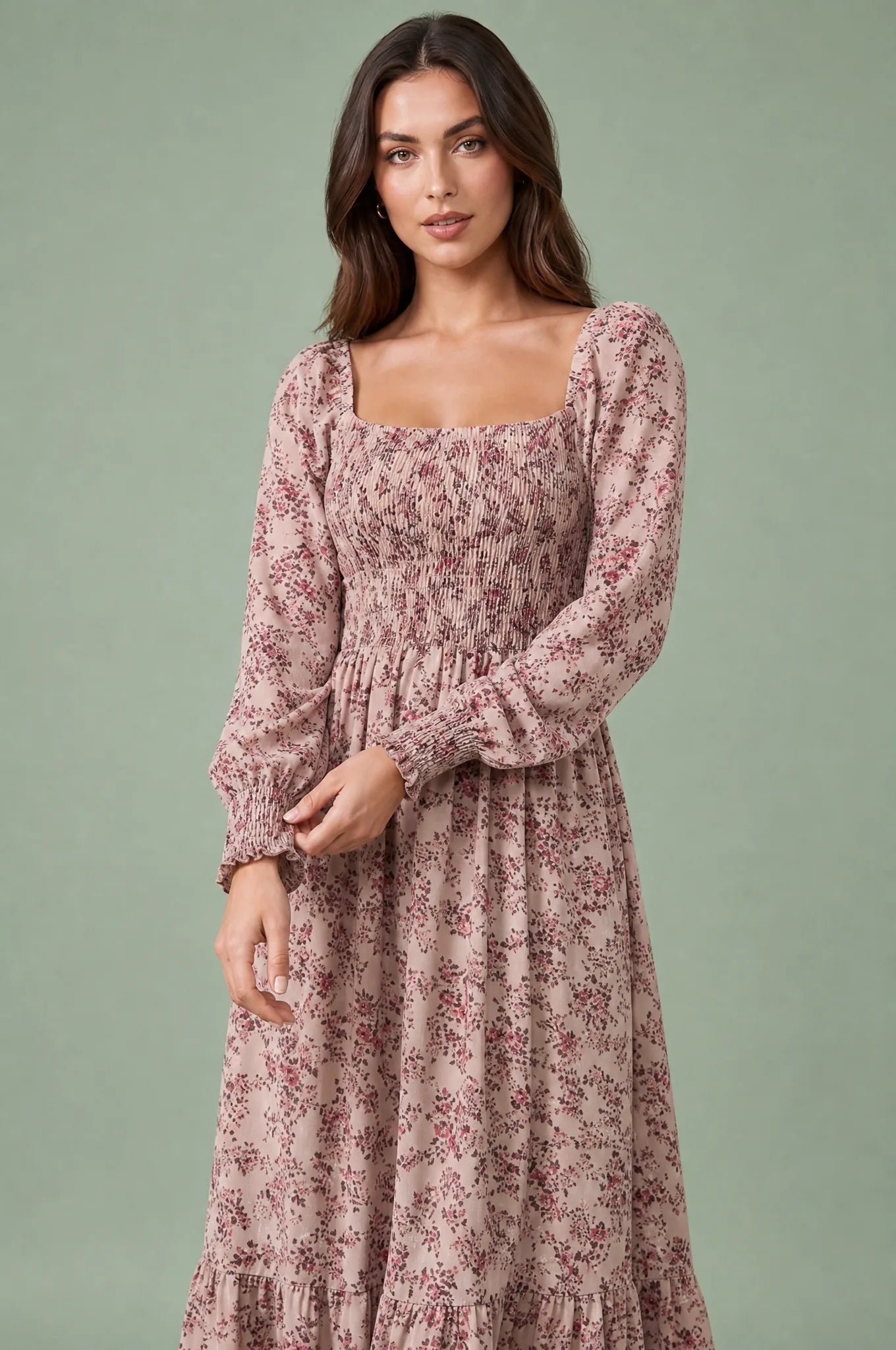 Robe longue fleurie manches bouffantes | Vue rapprochée | Lounelle Paris