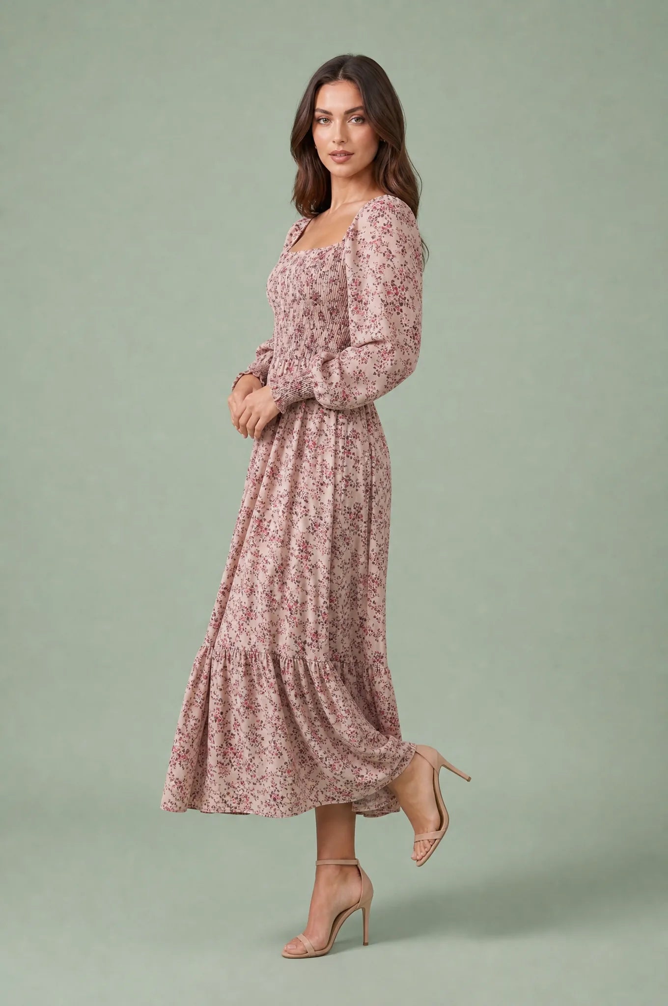 Robe longue fleurie manches bouffantes | Vue de profil | Lounelle Paris