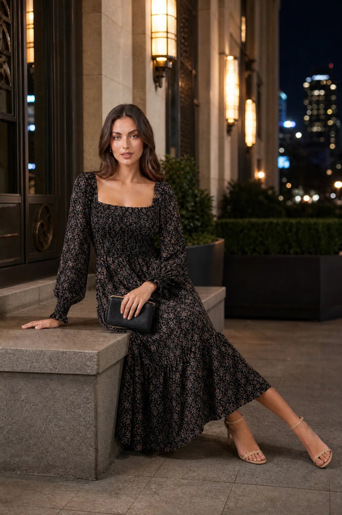 Robe longue fleurie manches bouffantes | Variante Noir - Lifestyle | Lounelle Paris