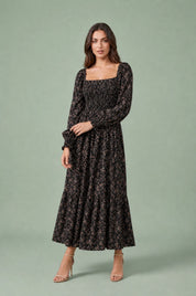 Robe longue fleurie manches bouffantes | Variante Noir | Lounelle Paris