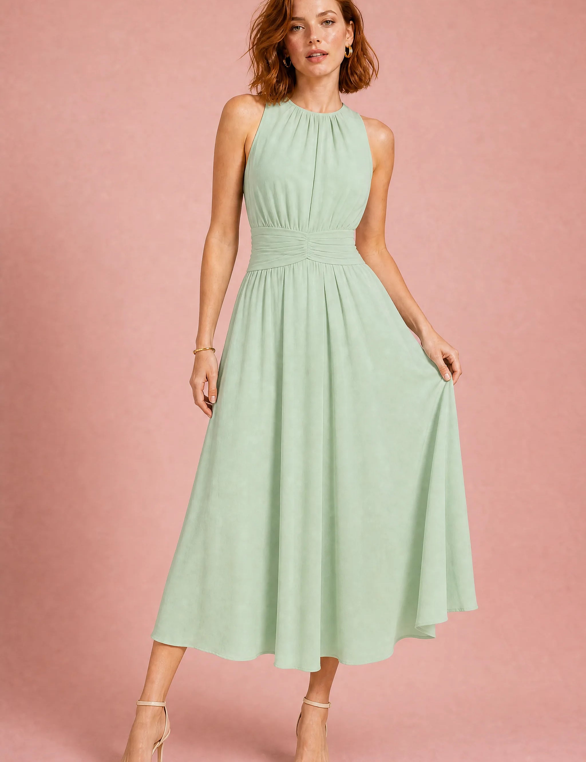 Robe longue fluide taille drapée | Variante Vert | Lounelle Paris