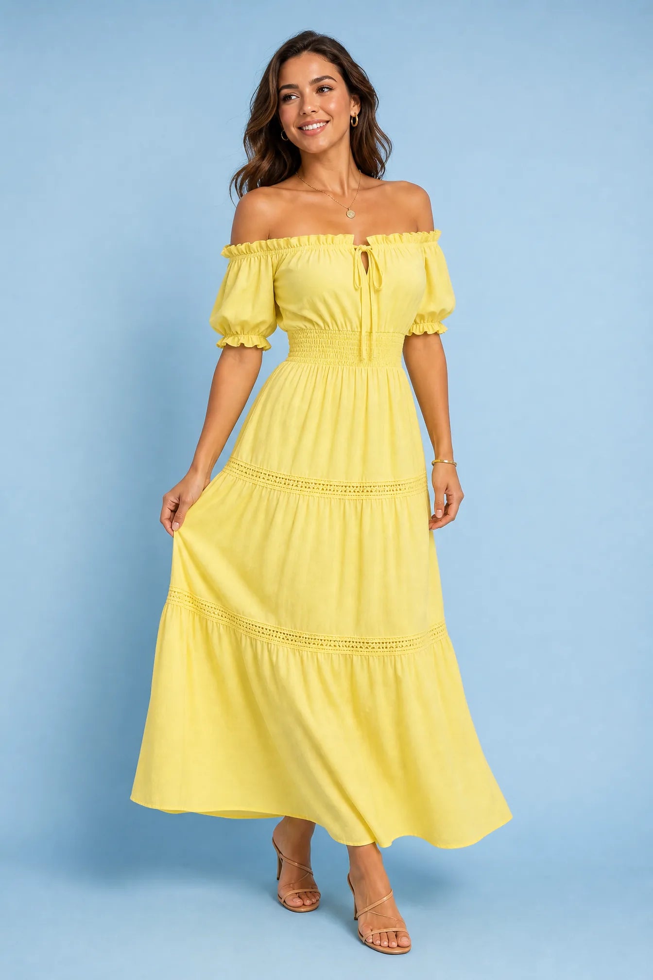 Robe longue jaune épaules dénudées | Vue de face | Lounelle Paris
