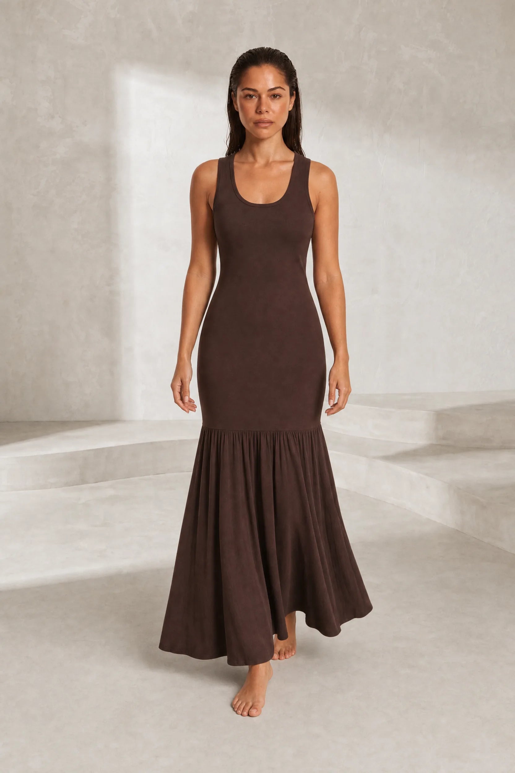 Robe longue marron bretelles larges | Lounelle Paris