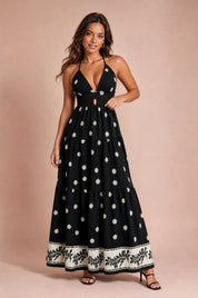 Robe longue noire fleurie dos nu | Vue de face | Lounelle Paris