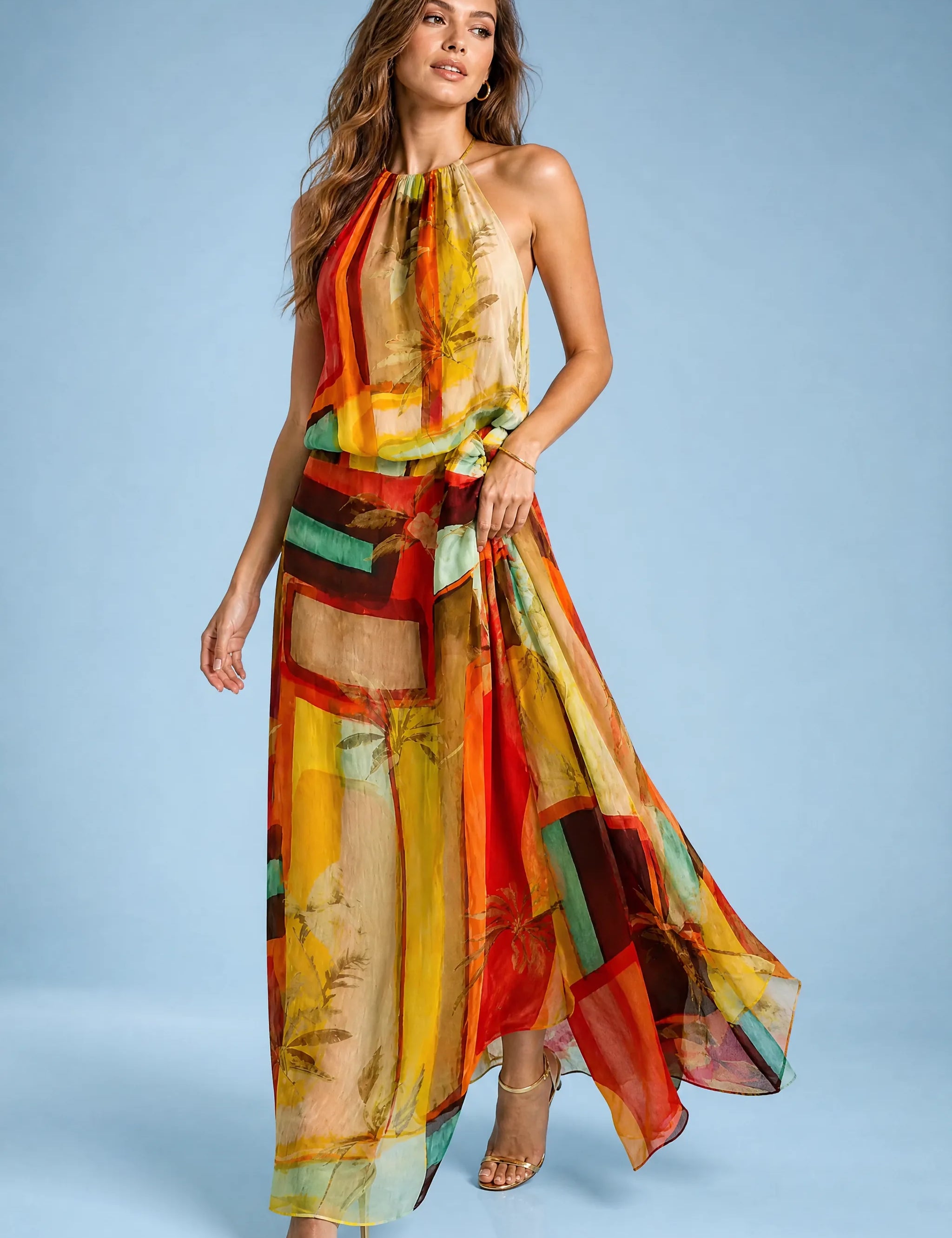 Robe longue orange col licou | Vue de face | Lounelle Paris