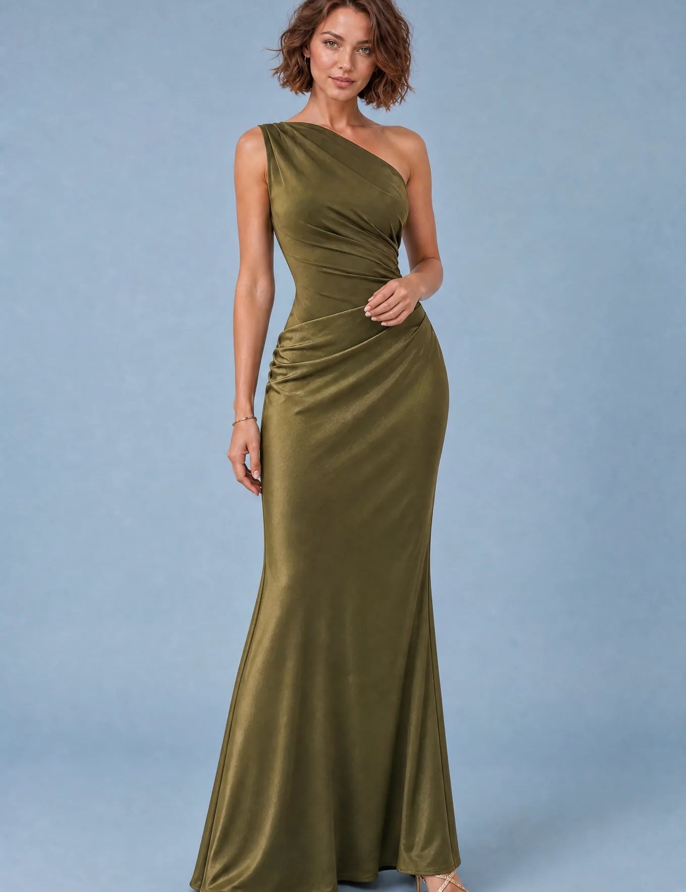 Robe longue satinée à une épaule | Variante Vert | Lounelle Paris