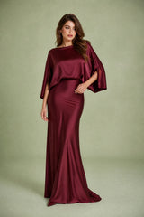 Satin Boat-Neck Cape-Sleeve Maxi Dress