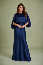 Robe longue satinée encolure bateau | Variante Bleu marine | Lounelle Paris