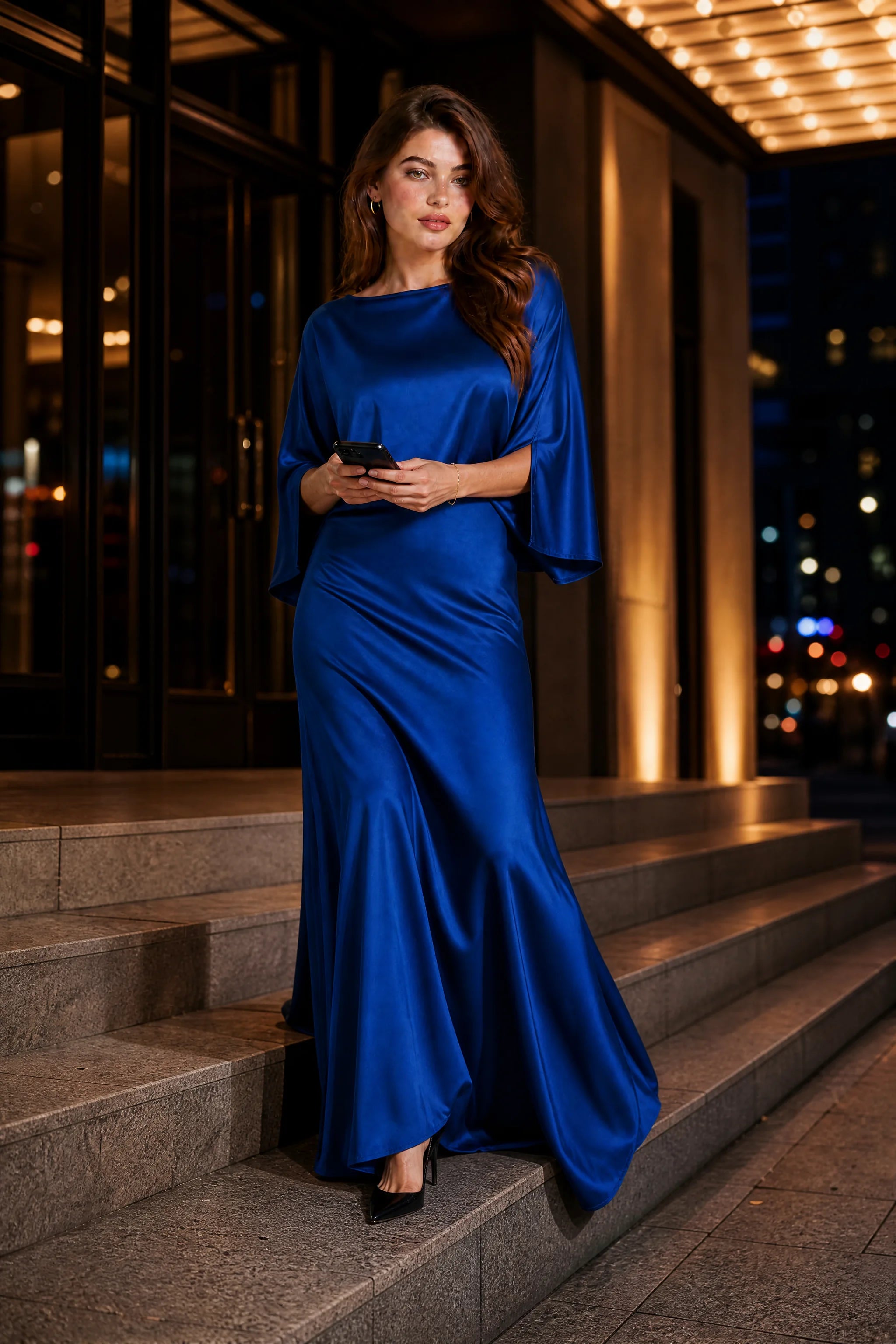 Robe longue satinée encolure bateau | Variante Bleu - Lifestyle | Lounelle Paris