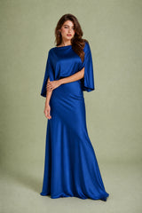 Satin Boat-Neck Cape-Sleeve Maxi Dress