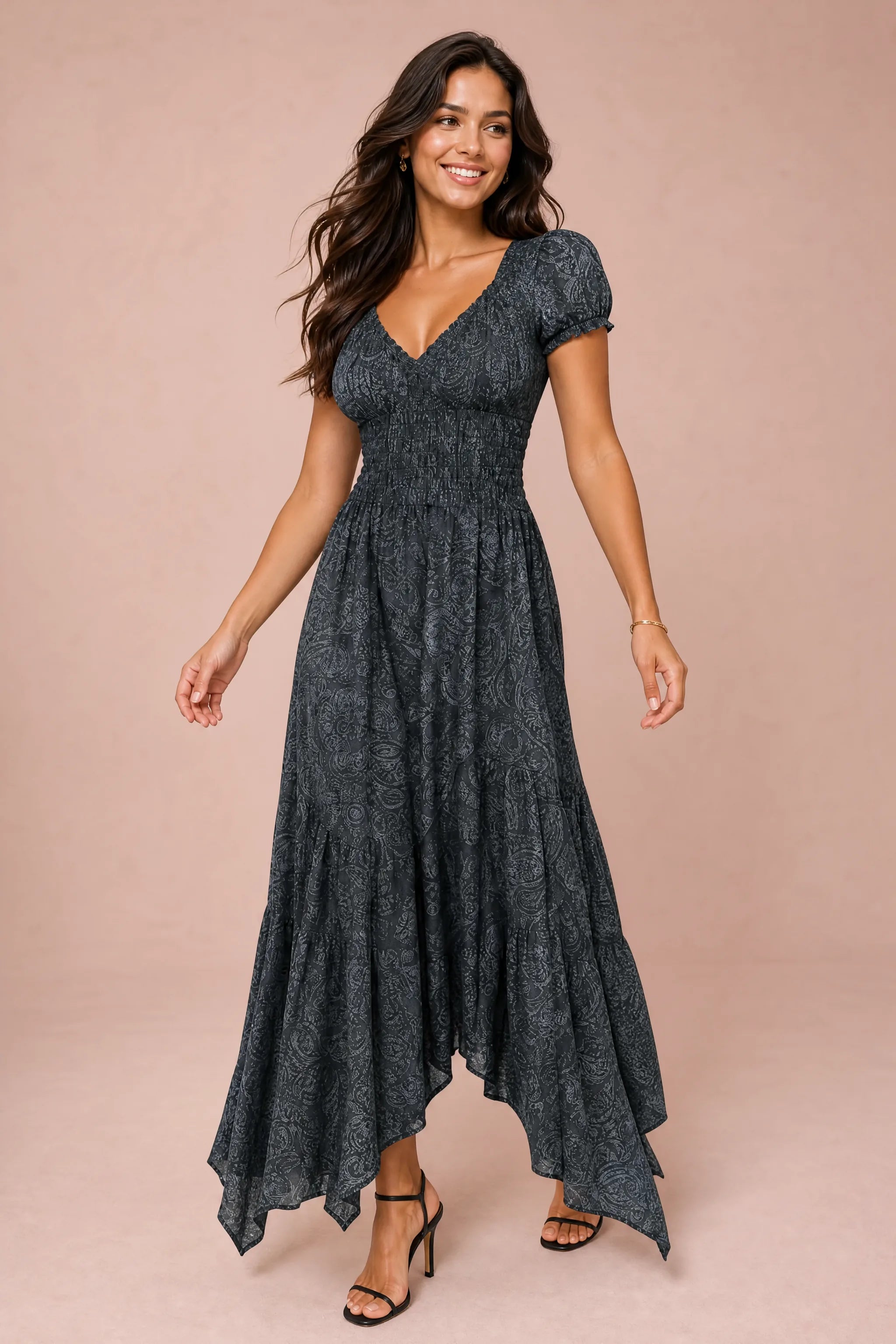 Robe longue smockée à imprimé floral | Vue de face | Lounelle Paris
