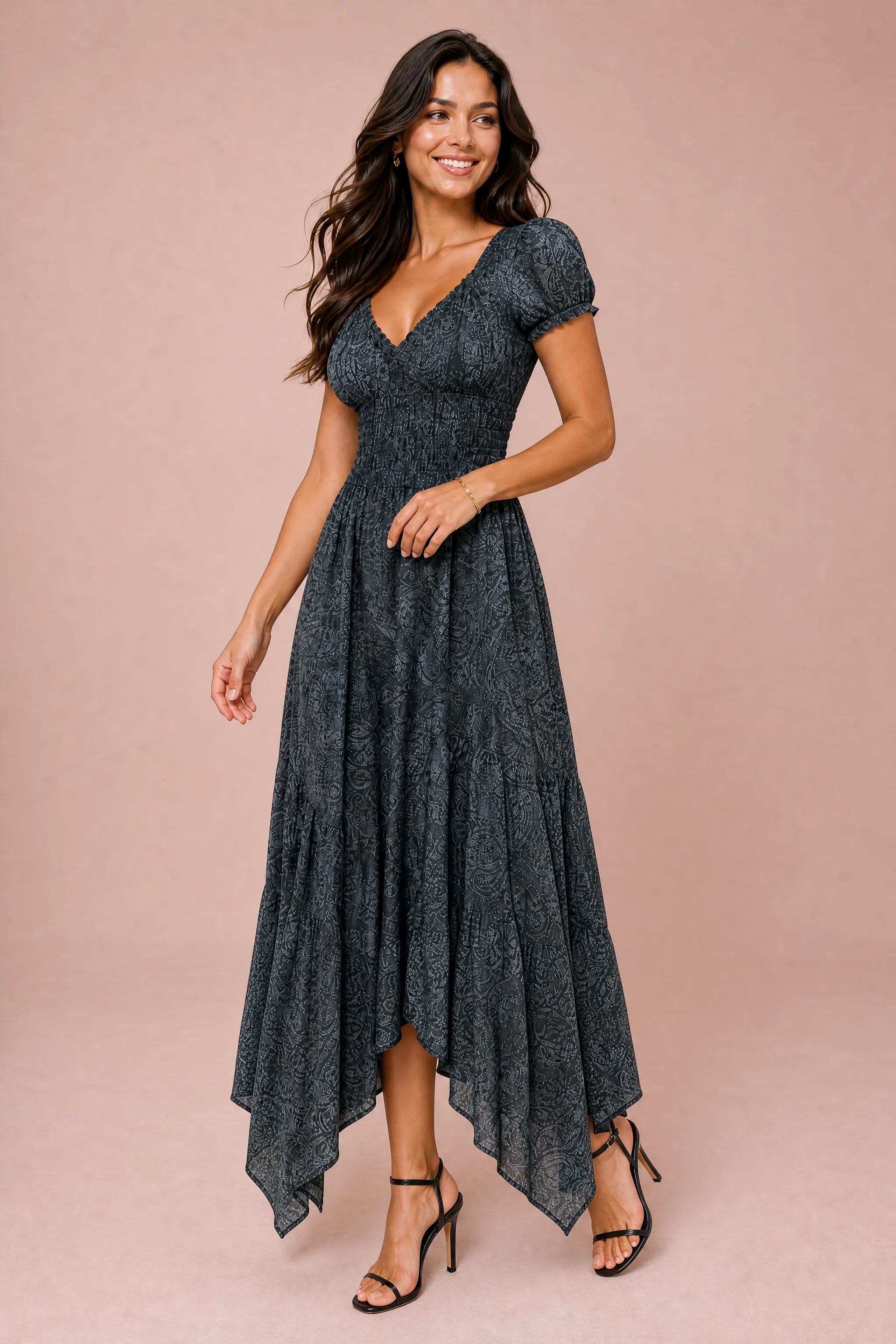 Robe longue smockée à imprimé floral | Vue de profil | Lounelle Paris