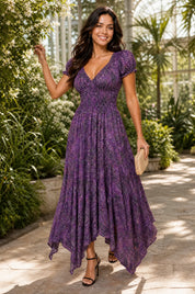 Robe longue smockée à imprimé floral | Variante Violet - Lifestyle | Lounelle Paris
