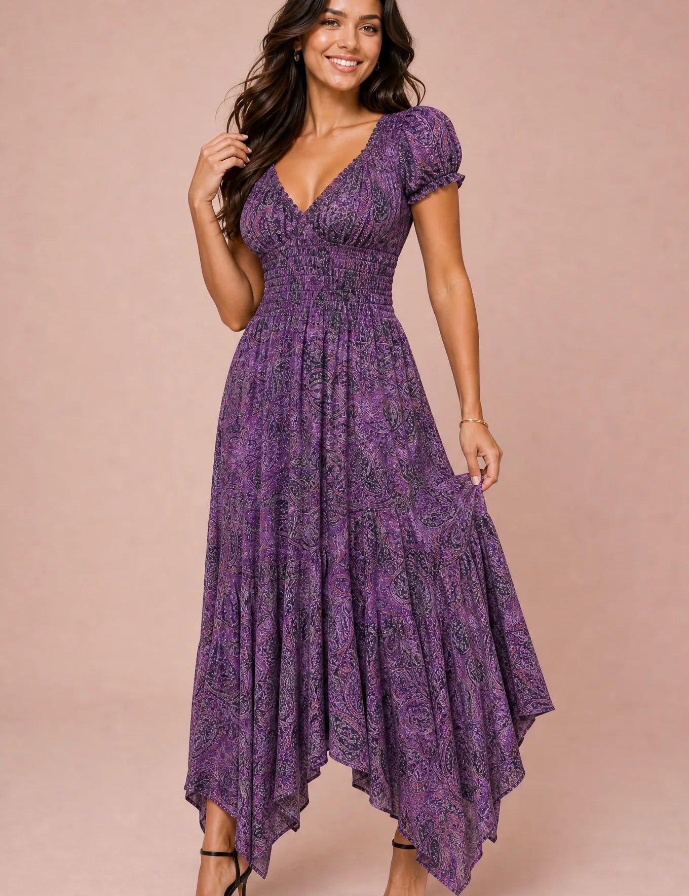 Robe longue smockée à imprimé floral | Variante Violet | Lounelle Paris