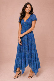 Robe longue smockée à imprimé floral | Variante Bleu | Lounelle Paris