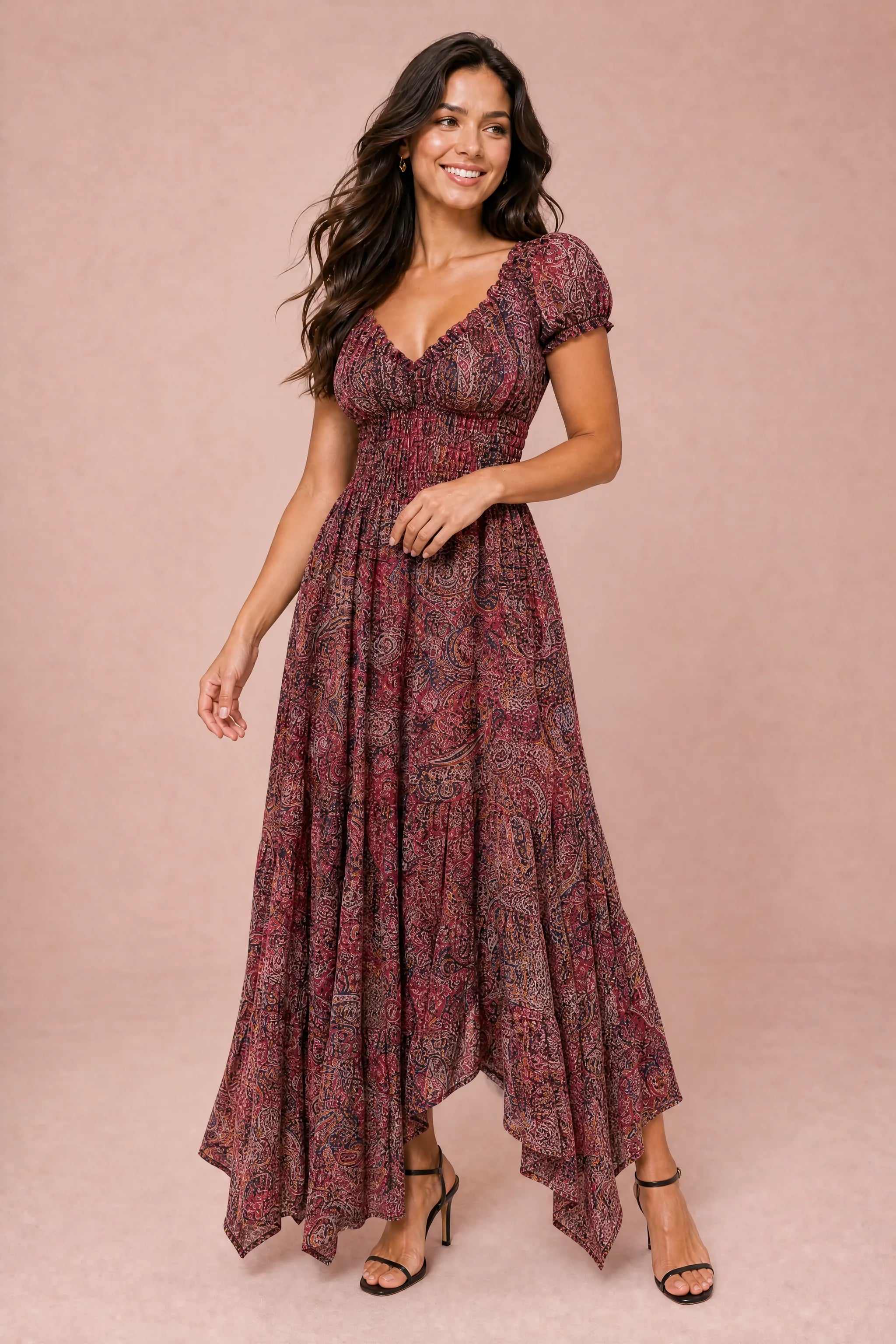 Robe longue smockée à imprimé floral | Variante Bordeaux | Lounelle Paris