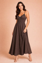 Robe longue smockée dos nu | Variante Marron | Lounelle Paris