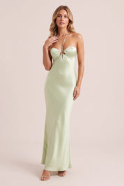 Robe longue vert clair à dos nu | Vue de face | Lounelle Paris