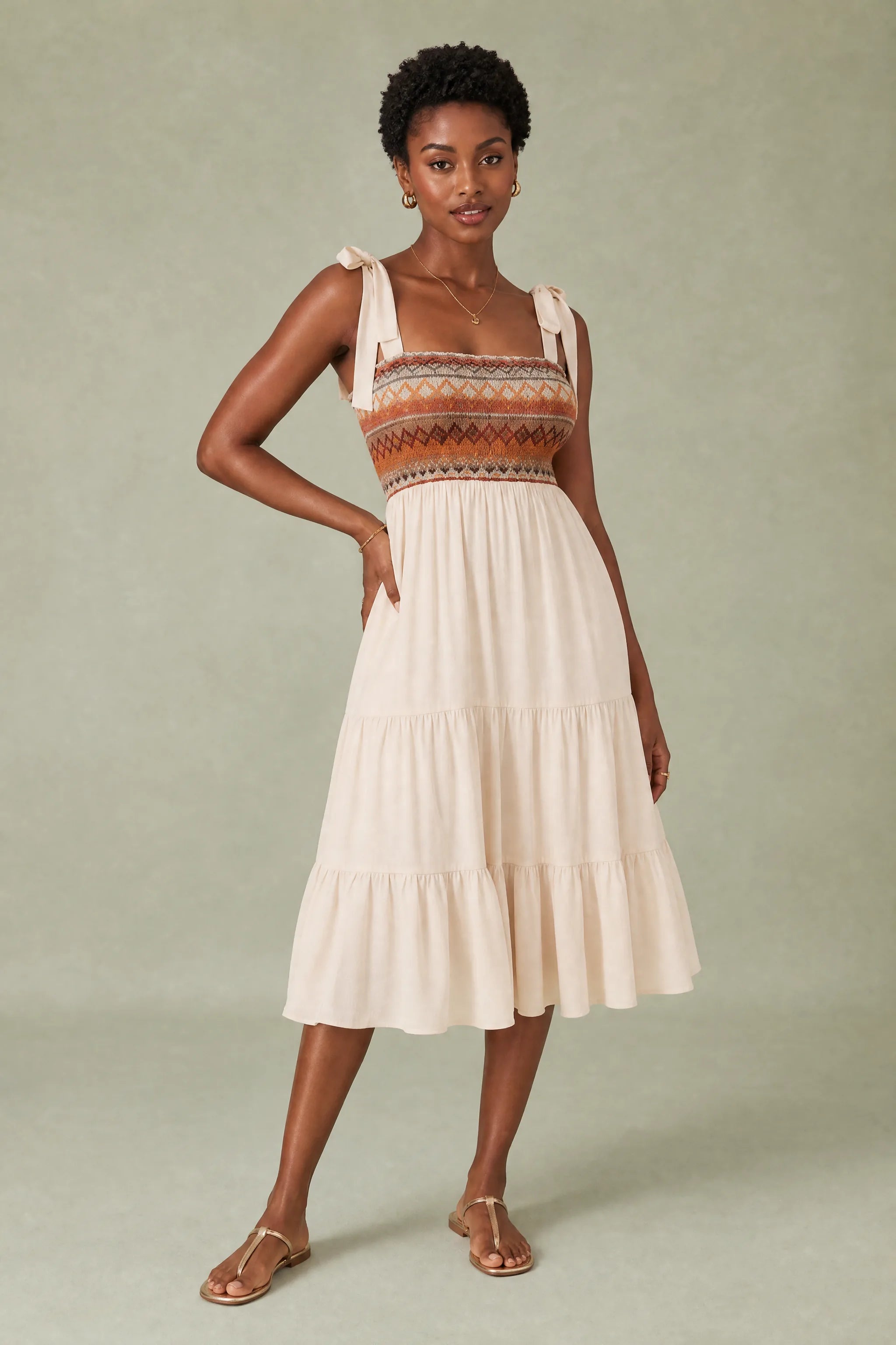 Robe midi à bretelles smockée | Vue de face | Lounelle Paris