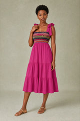 Smocked Tiered Midi Dress with Tie-Shoulder Straps