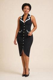 Robe noire col contrasté fendue | Porté sur une autre silhouette | Lounelle Paris