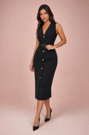 Robe noire col V ceinturée | Vue de face | Lounelle Paris