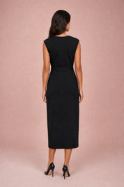 Robe noire col V ceinturée | Vue de dos | Lounelle Paris