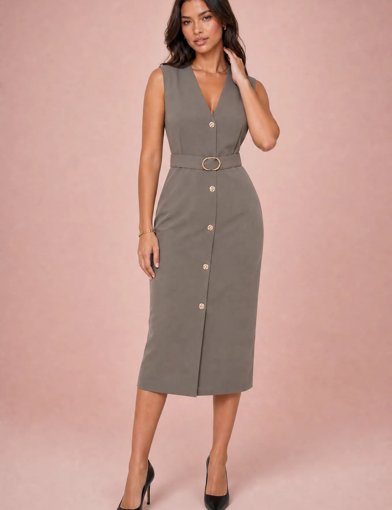 Robe noire col V ceinturée | Variante Taupe | Lounelle Paris