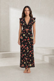 Robe noire florale à volants | Lounelle Paris
