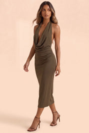 Robe olive col licou dos nu | Vue en mouvement | Lounelle Paris