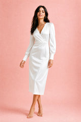 Satin V-Neck Pencil Midi Dress
