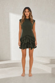 Robe vert foncé col montant à volants | Lounelle Paris