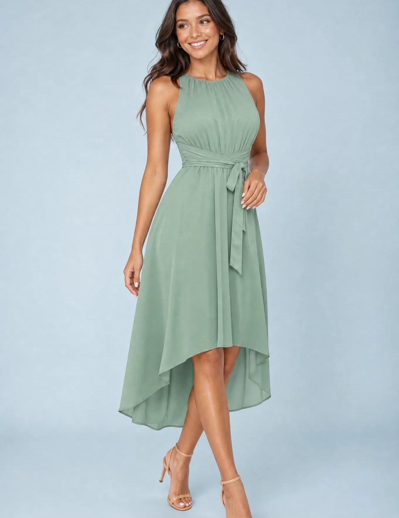 Robe vert menthe asymétrique sans manches | Vue de face | Lounelle Paris