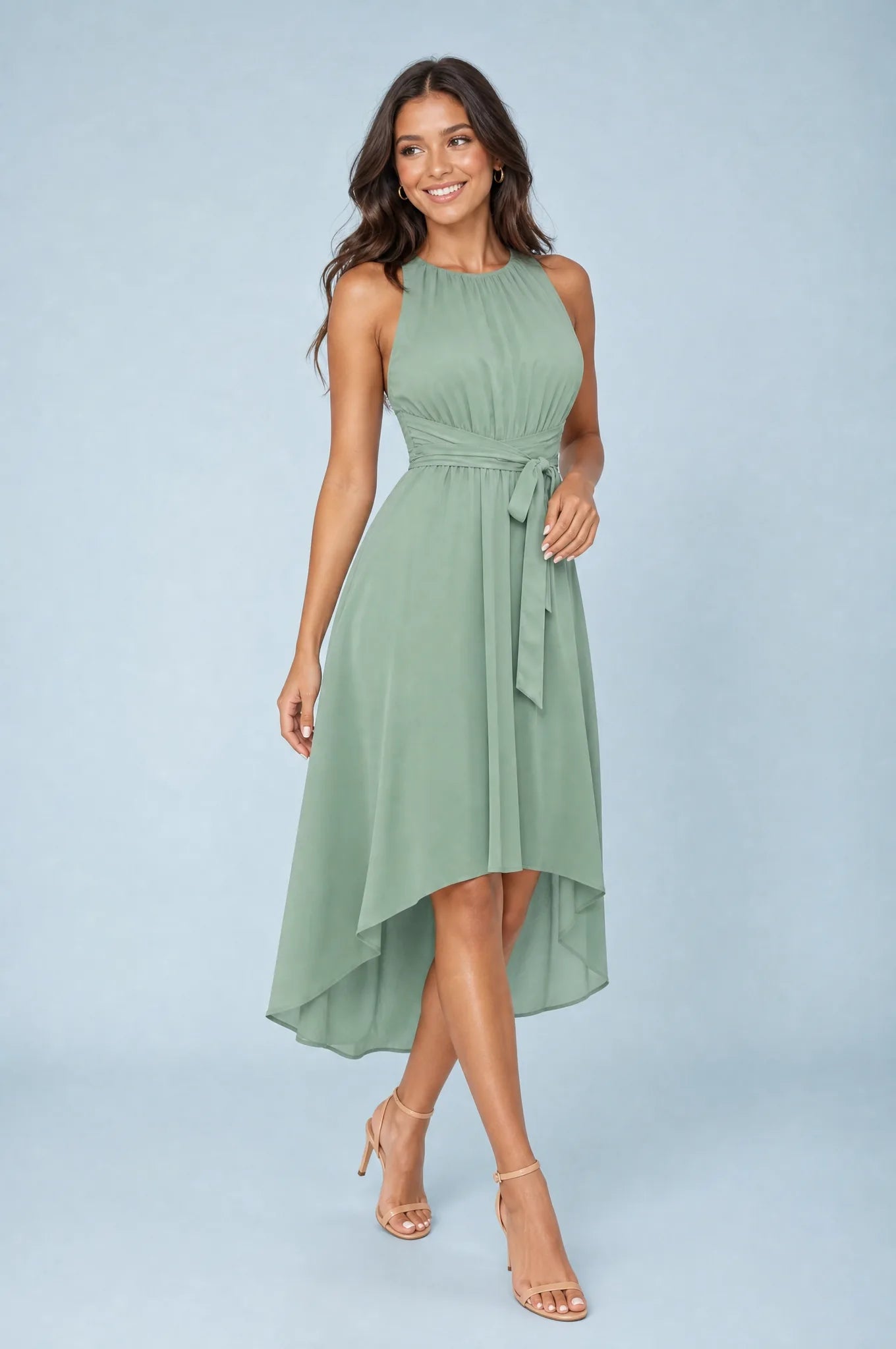 Robe vert menthe asymétrique sans manches | Vue de face | Lounelle Paris